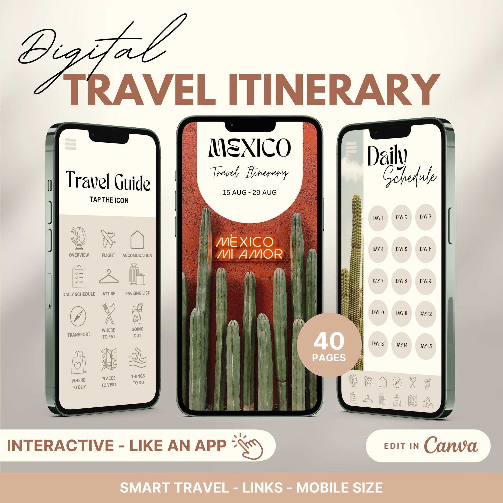 Digital travel itinerary displayed on three smartphones, featuring an interactive travel guide, daily schedule, and itinerary cover.