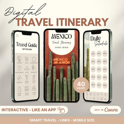 Digital travel itinerary displayed on three smartphones, featuring an interactive travel guide, daily schedule, and itinerary cover.
