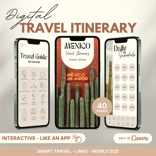 Digital travel itinerary displayed on three smartphones, featuring an interactive travel guide, daily schedule, and itinerary cover.