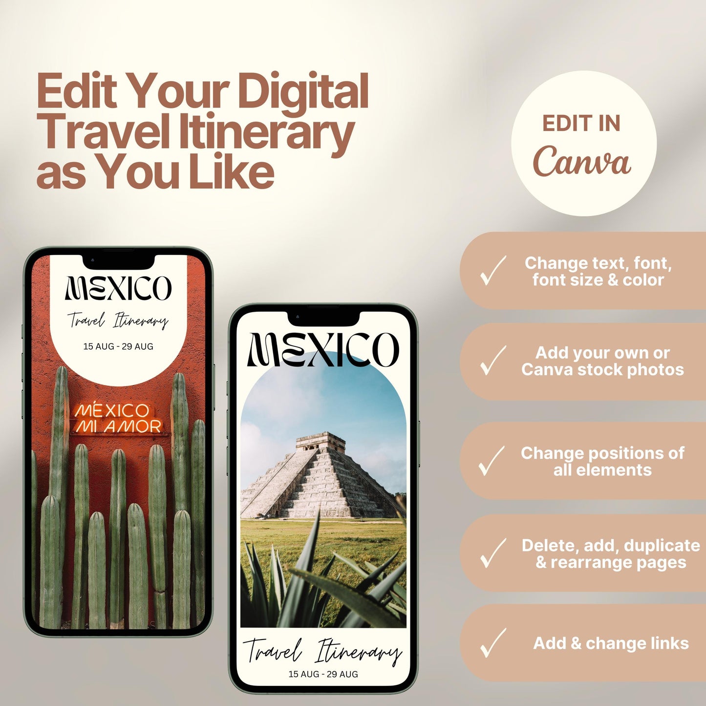 Two smartphones display customizable digital travel itinerary covers. The right side of the image lists editing features in Canva, including changing text, font, colors, images, layout, and links. A round badge reads “EDIT IN Canva,” emphasizing flexibility and personalization options.