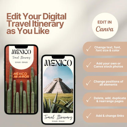 Two smartphones display customizable digital travel itinerary covers. The right side of the image lists editing features in Canva, including changing text, font, colors, images, layout, and links. A round badge reads “EDIT IN Canva,” emphasizing flexibility and personalization options.