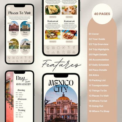 A promotional graphic for a 40-page digital travel itinerary, displayed on mobile phones. The screens show beautifully designed pages including “Places to Visit,” restaurant recommendations with images, a detailed daily schedule,