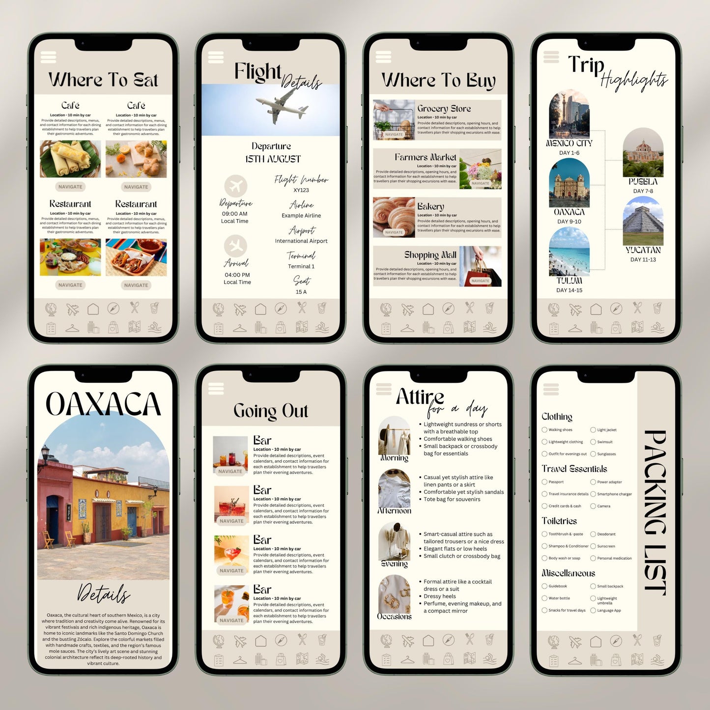 A collage of eight smartphone screens showcases a digital travel itinerary interface. Each screen displays different sections.