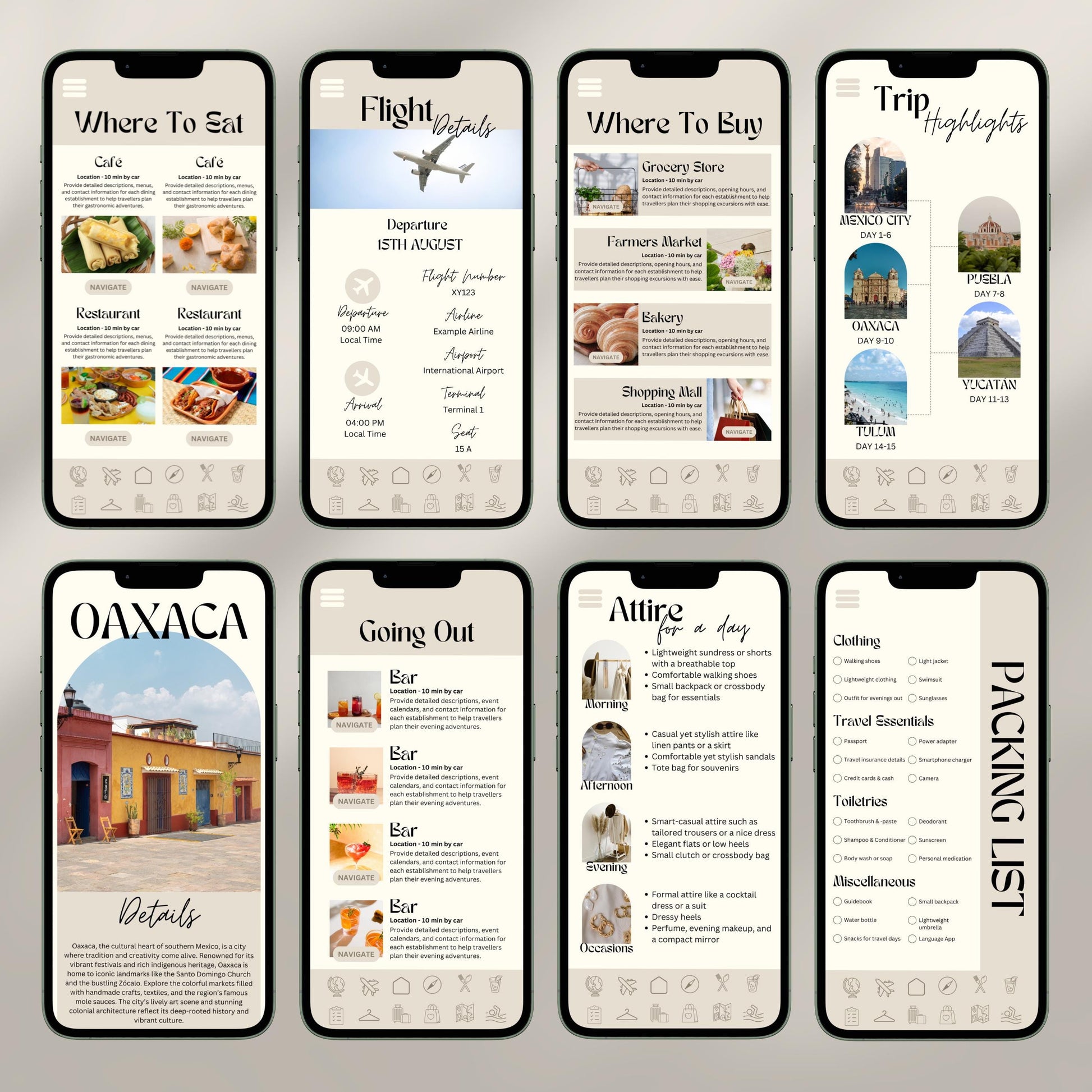 A collage of eight smartphone screens showcases a digital travel itinerary interface. Each screen displays different sections.