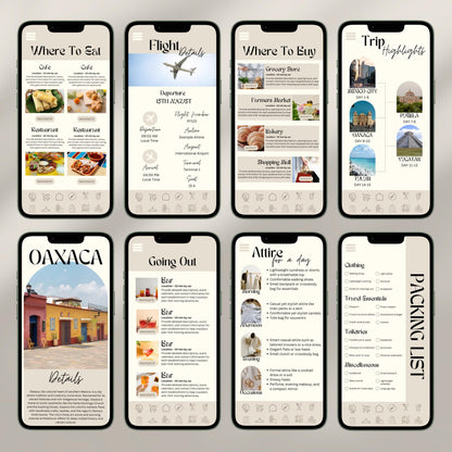 A collage of eight smartphone screens showcases a digital travel itinerary interface. Each screen displays different sections.
