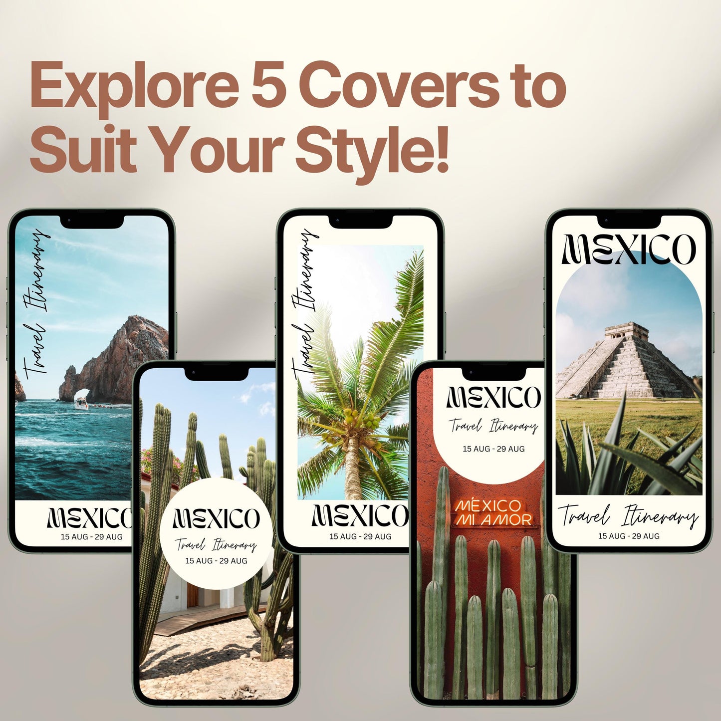 Five smartphone screens display different stylish cover designs. The headline above reads “Explore 5 Covers to Suit Your Style!” showcasing customization options for travelers.