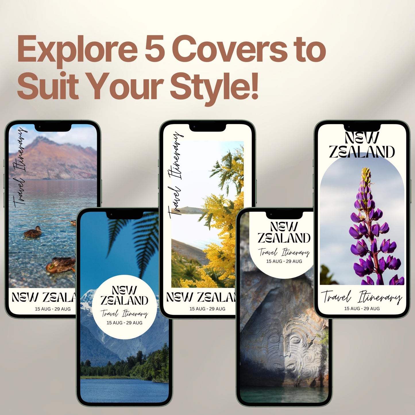 Five smartphone screens display different stylish cover designs. The headline above reads “Explore 5 Covers to Suit Your Style!” showcasing customization options for travelers.