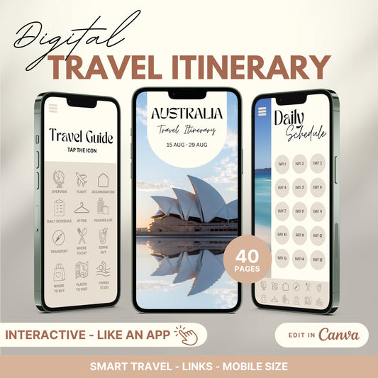 Digital travel itinerary displayed on three smartphones, featuring an interactive travel guide, daily schedule, and itinerary cover.