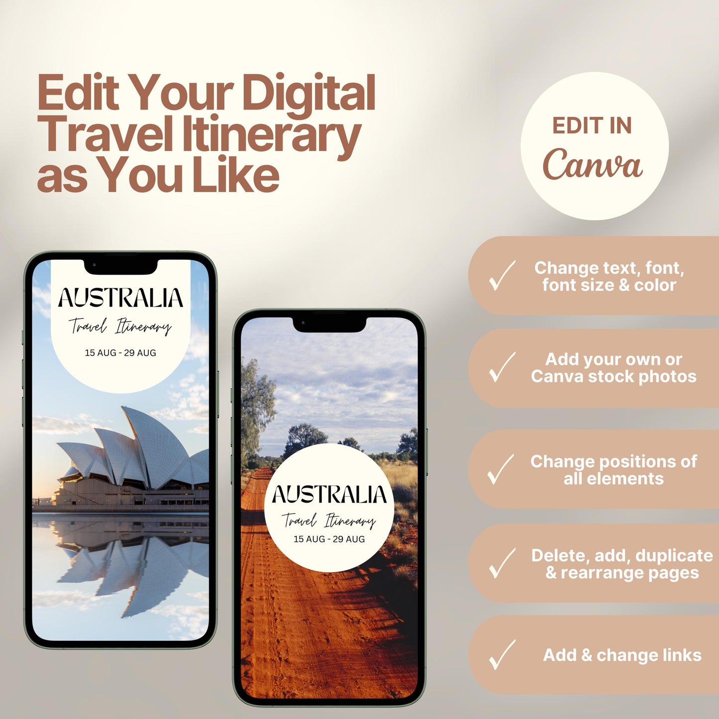 Two smartphones display customizable digital travel itinerary covers. The right side of the image lists editing features in Canva, including changing text, font, colors, images, layout, and links. A round badge reads “EDIT IN Canva,” emphasizing flexibility and personalization options.