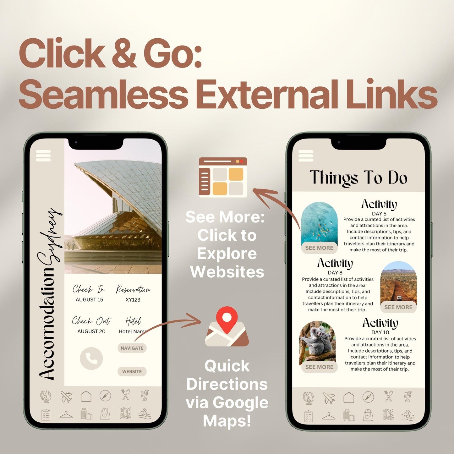 Two smartphones display an interactive digital travel guide interface. Text highlights features like “Quick Directions via Google Maps!” and “Click to Explore Websites,” emphasizing seamless external link integration for an app-like travel experience.
