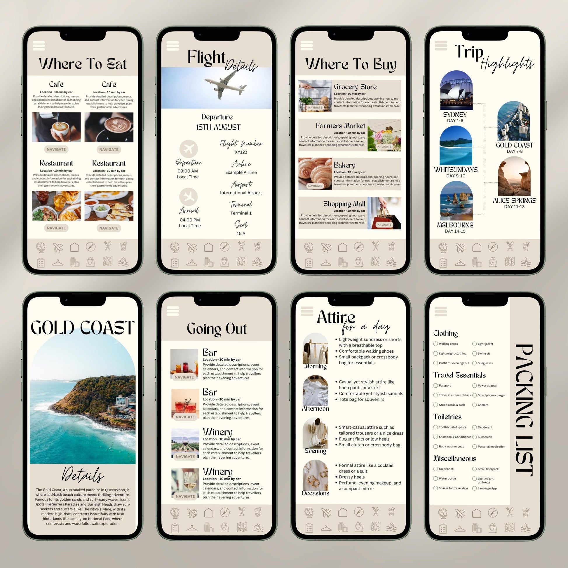 A collage of eight smartphone screens showcases a digital travel itinerary interface. Each screen displays different sections.