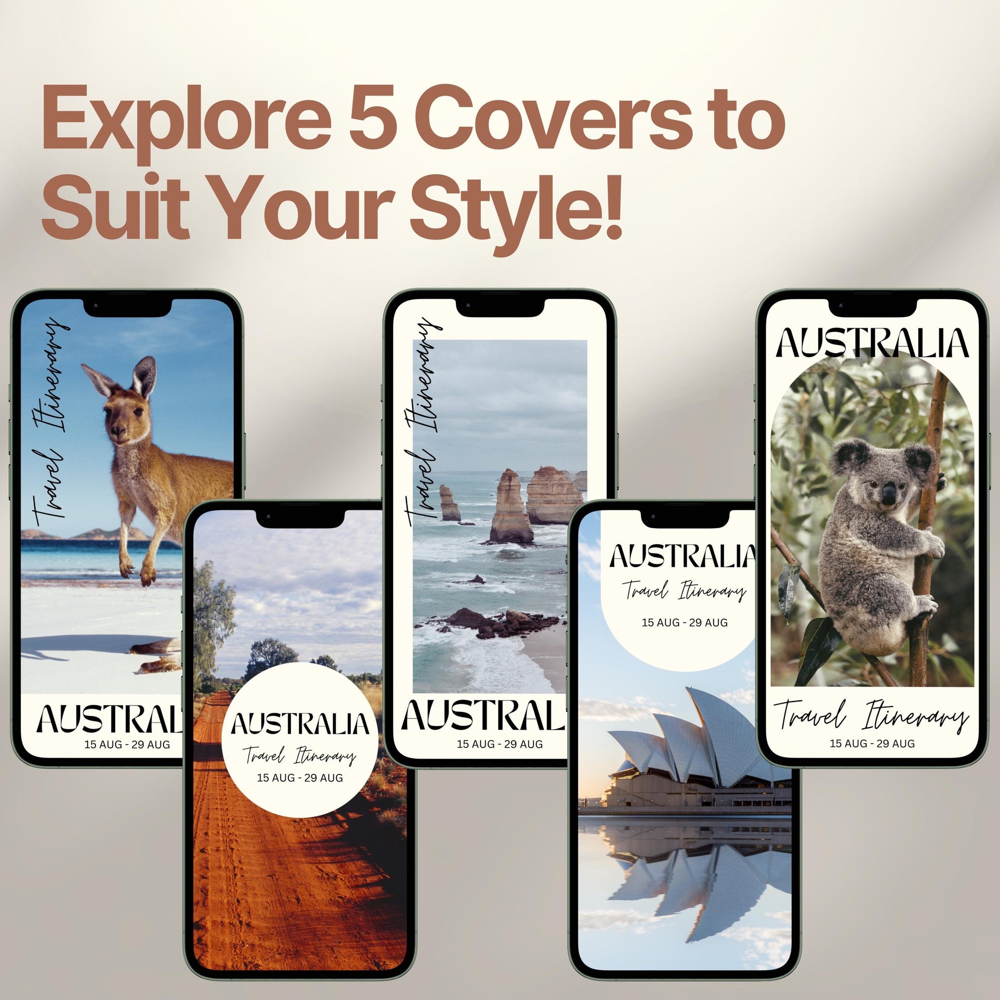 Five smartphone screens display different stylish cover designs. The headline above reads “Explore 5 Covers to Suit Your Style!” showcasing customization options for travelers.