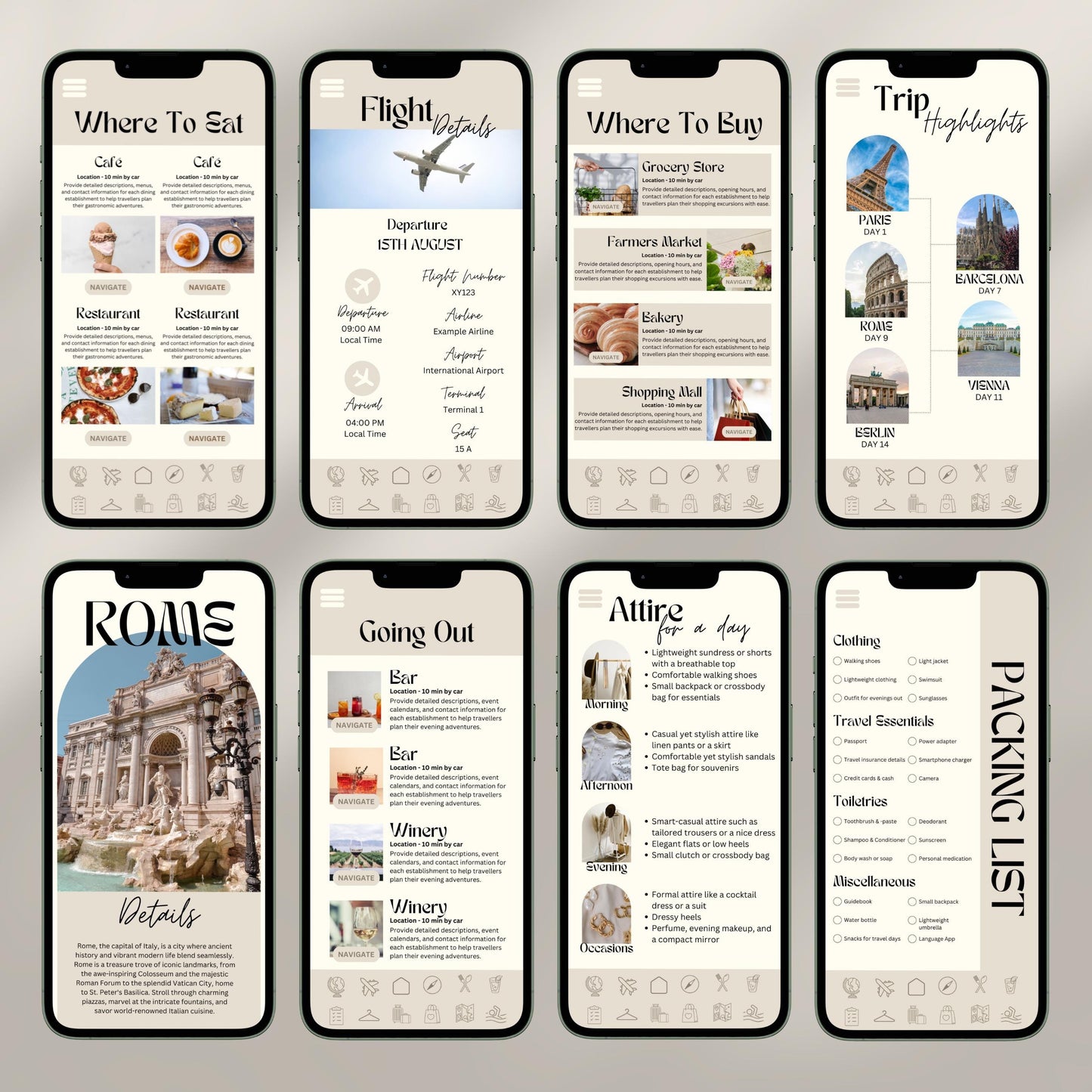 A collage of eight smartphone screens showcases a digital travel itinerary interface. Each screen displays different sections.