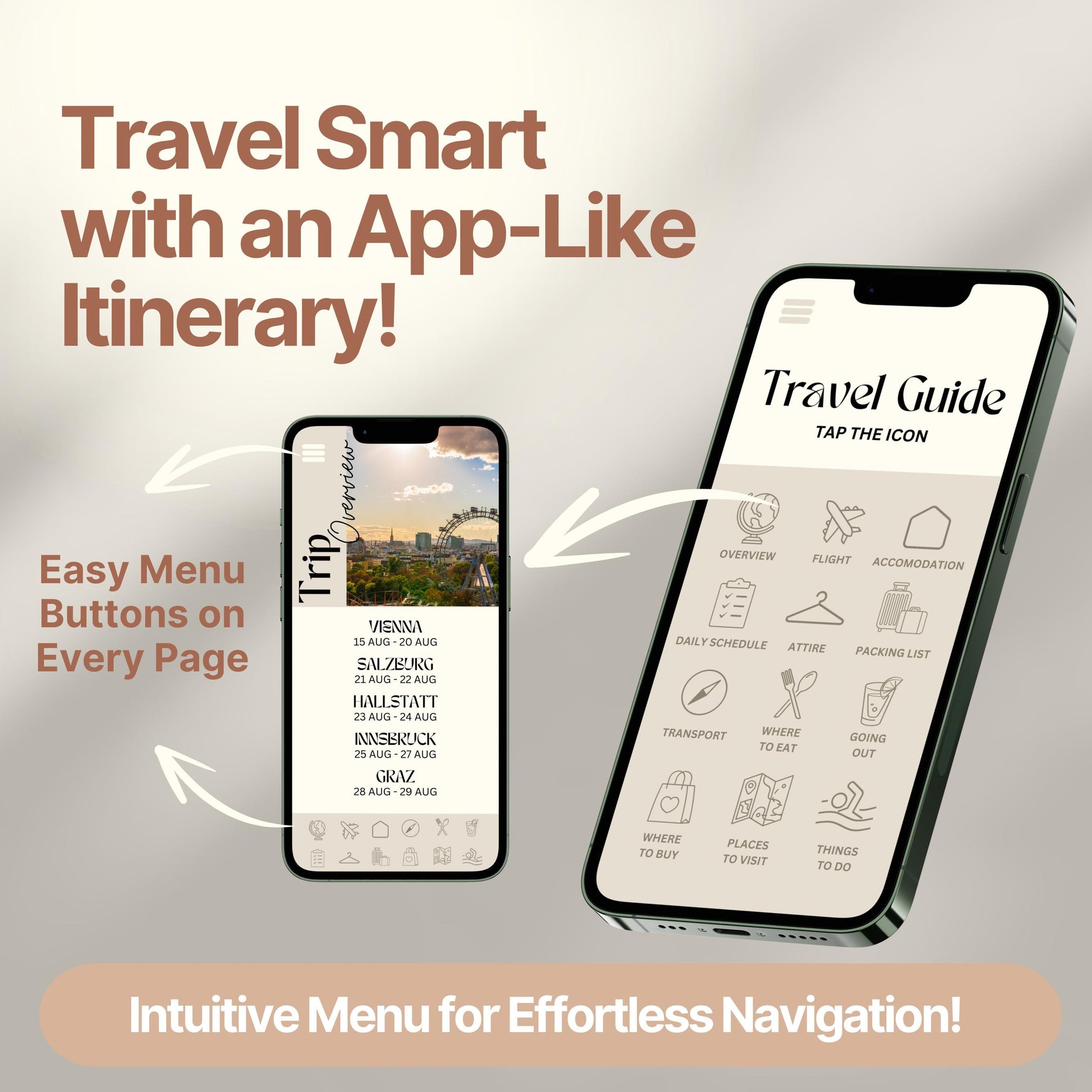 Two smartphones display a digital travel itinerary designed to look and function like an app. Bold text highlights features like "Easy Menu Buttons on Every Page" and "Intuitive Menu for Effortless Navigation!"