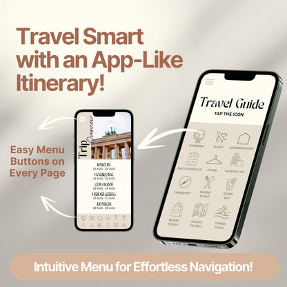 Two smartphones display a digital travel itinerary designed to look and function like an app. Bold text highlights features like "Easy Menu Buttons on Every Page" and "Intuitive Menu for Effortless Navigation!"