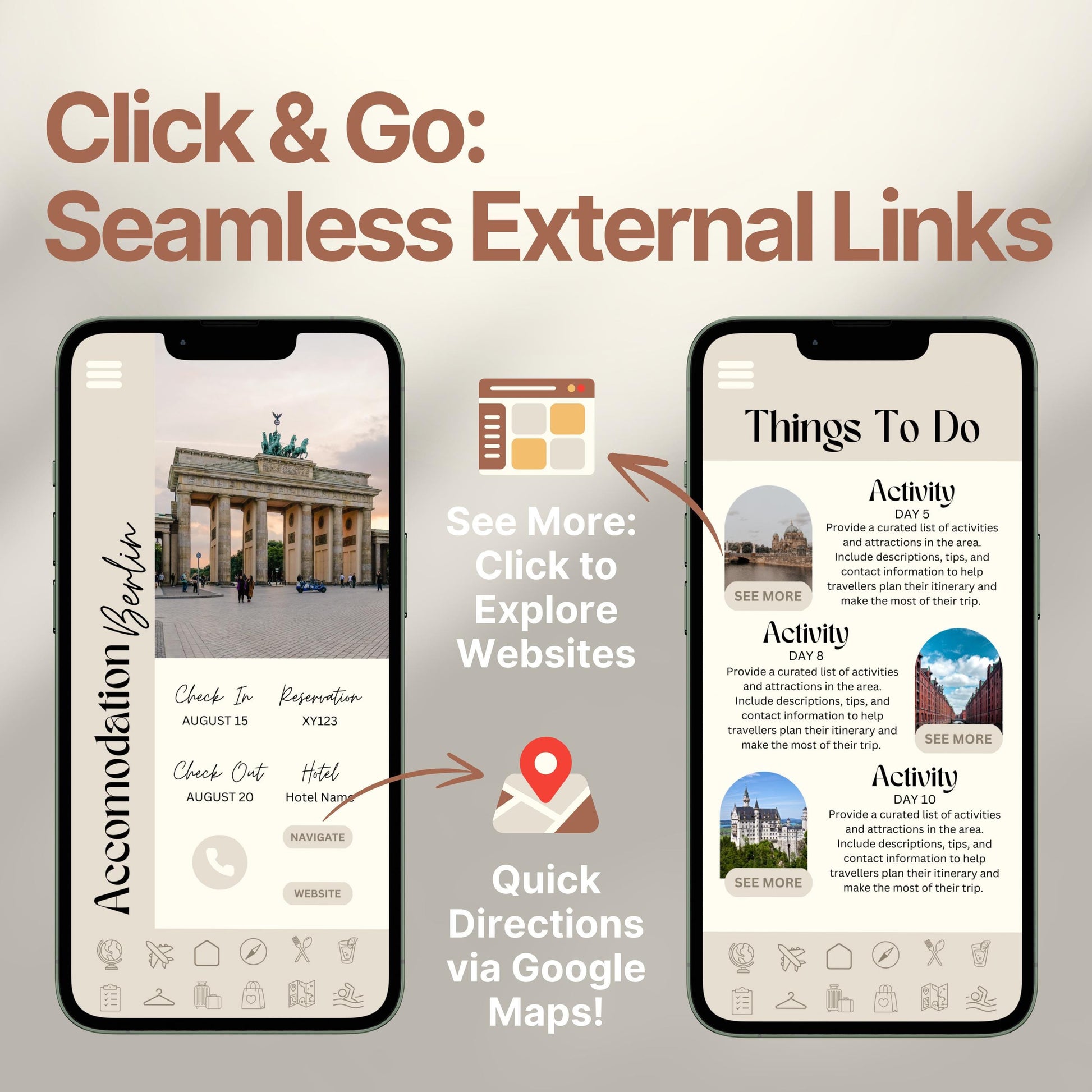Two smartphones display an interactive digital travel guide interface. Text highlights features like “Quick Directions via Google Maps!” and “Click to Explore Websites,” emphasizing seamless external link integration for an app-like travel experience.