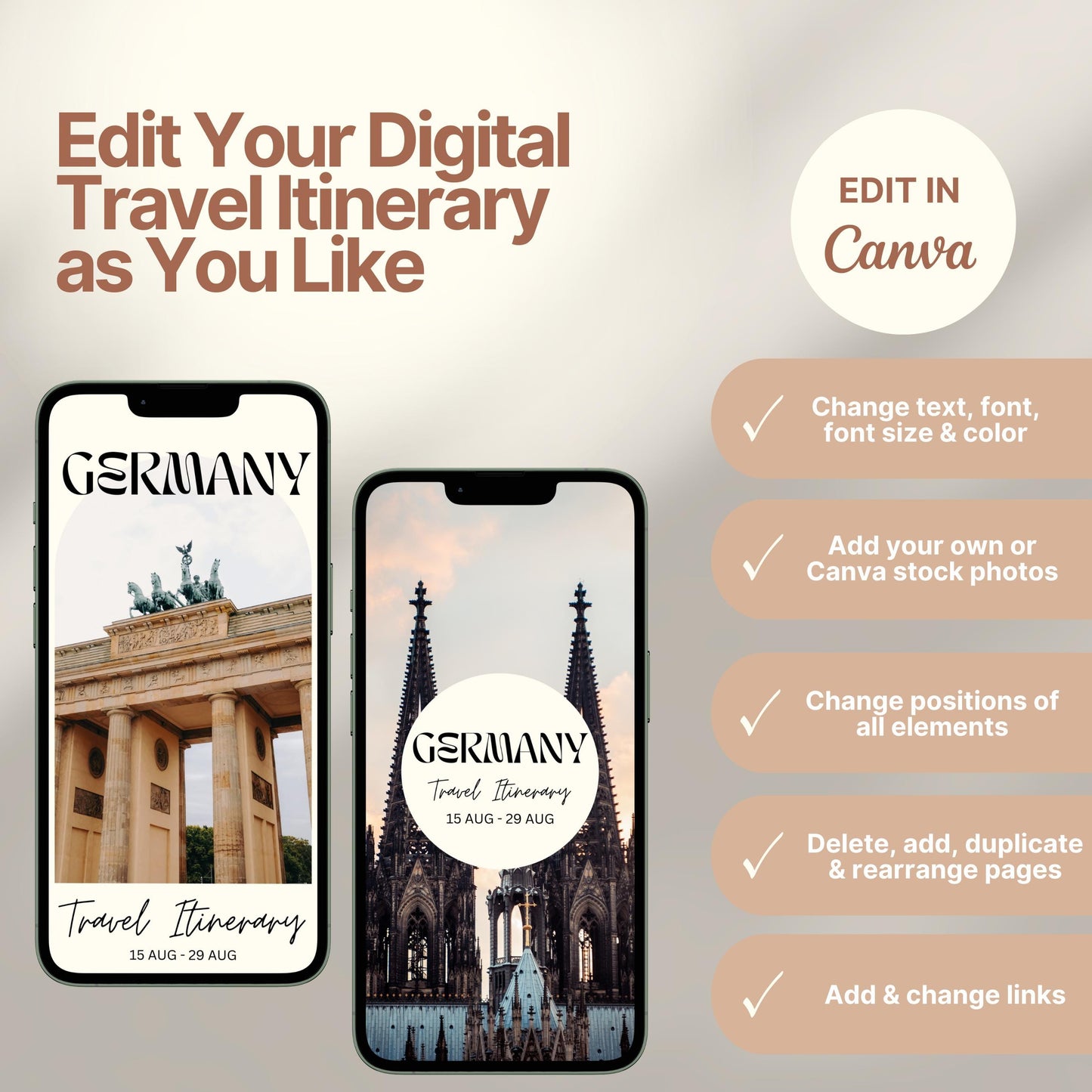 Two smartphones display customizable digital travel itinerary covers. The right side of the image lists editing features in Canva, including changing text, font, colors, images, layout, and links. A round badge reads “EDIT IN Canva,” emphasizing flexibility and personalization options.
