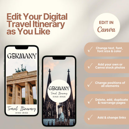 Two smartphones display customizable digital travel itinerary covers. The right side of the image lists editing features in Canva, including changing text, font, colors, images, layout, and links. A round badge reads “EDIT IN Canva,” emphasizing flexibility and personalization options.