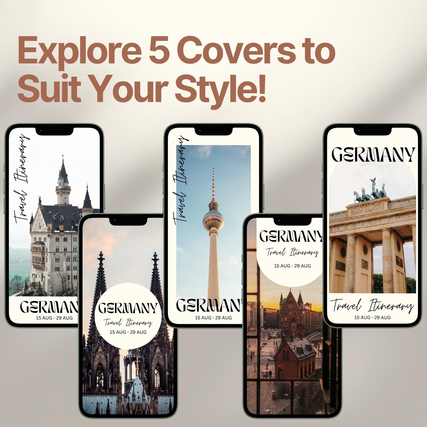 Five smartphone screens display different stylish cover designs. The headline above reads “Explore 5 Covers to Suit Your Style!” showcasing customization options for travelers.