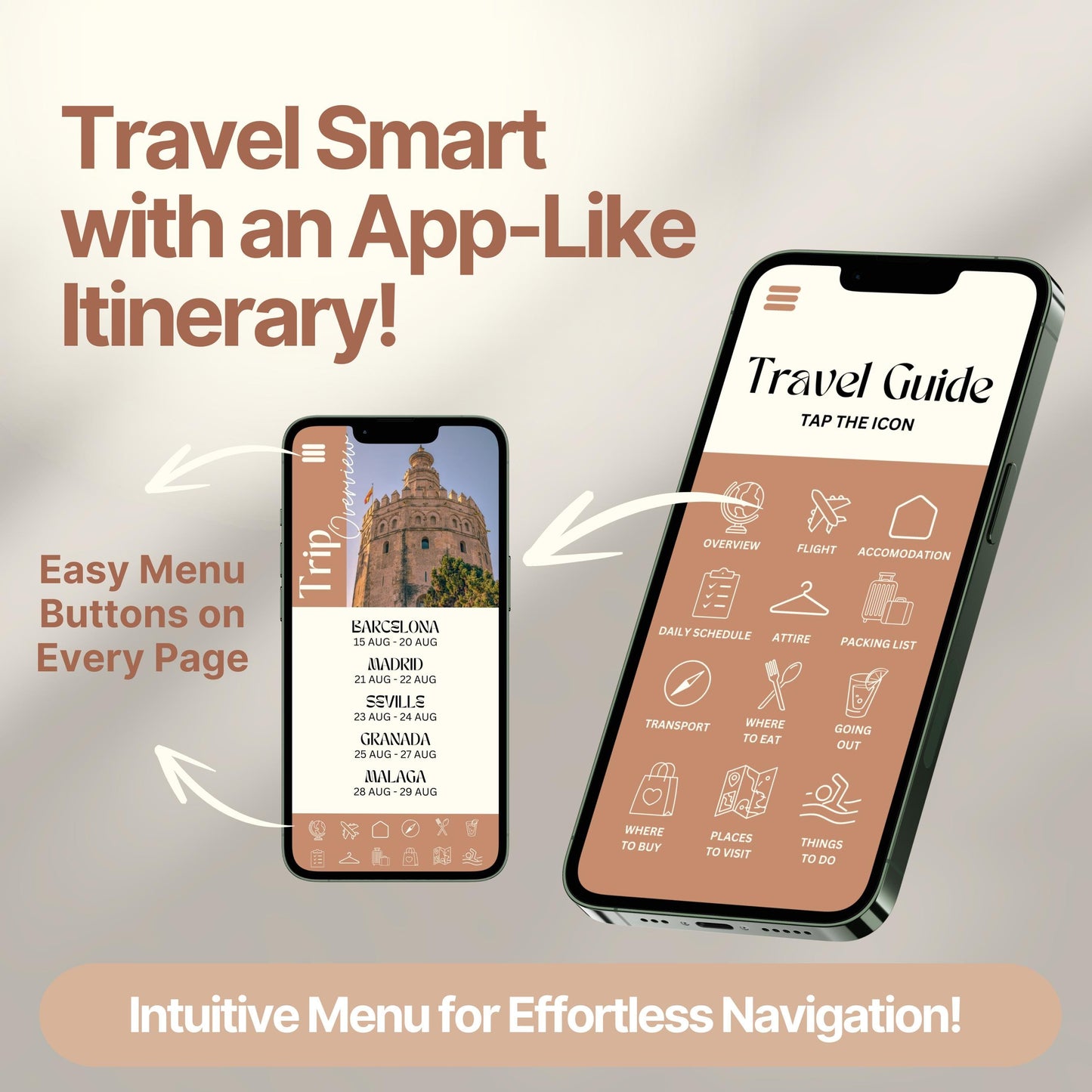 Two smartphones display a digital travel itinerary designed to look and function like an app. Bold text highlights features like "Easy Menu Buttons on Every Page" and "Intuitive Menu for Effortless Navigation!"