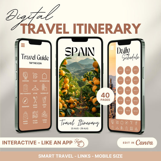 Digital travel itinerary displayed on three smartphones, featuring an interactive travel guide, daily schedule, and itinerary cover.