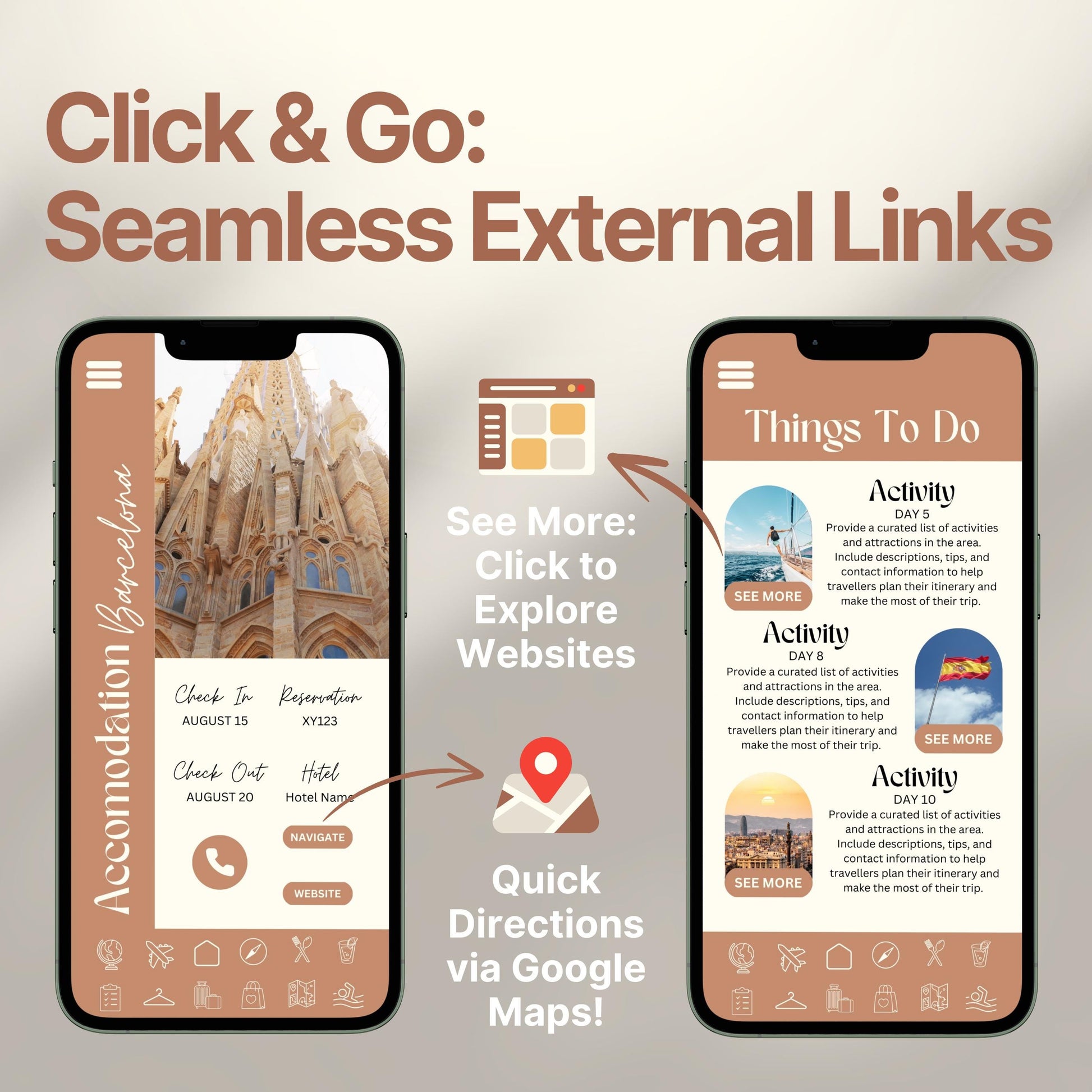 Two smartphones display an interactive digital travel guide interface. Text highlights features like “Quick Directions via Google Maps!” and “Click to Explore Websites,” emphasizing seamless external link integration for an app-like travel experience.