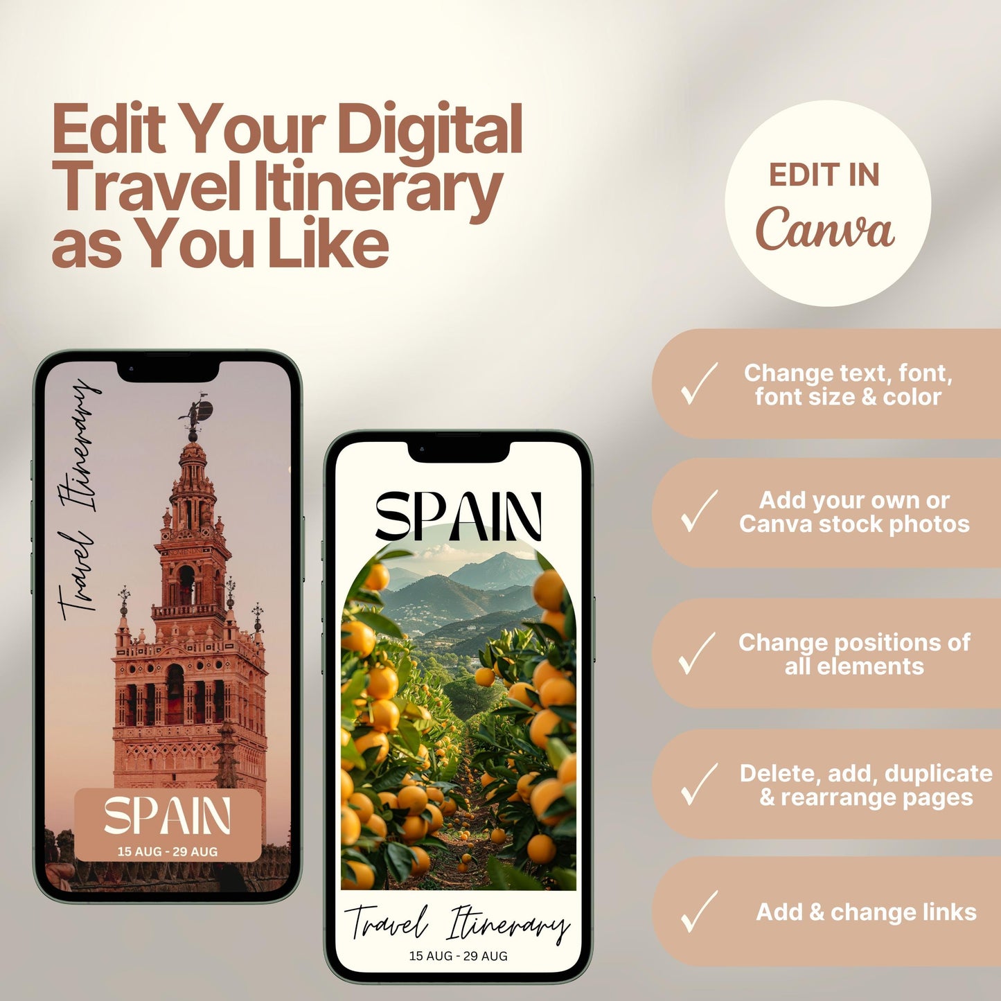 Two smartphones display customizable digital travel itinerary covers. The right side of the image lists editing features in Canva, including changing text, font, colors, images, layout, and links. A round badge reads “EDIT IN Canva,” emphasizing flexibility and personalization options.