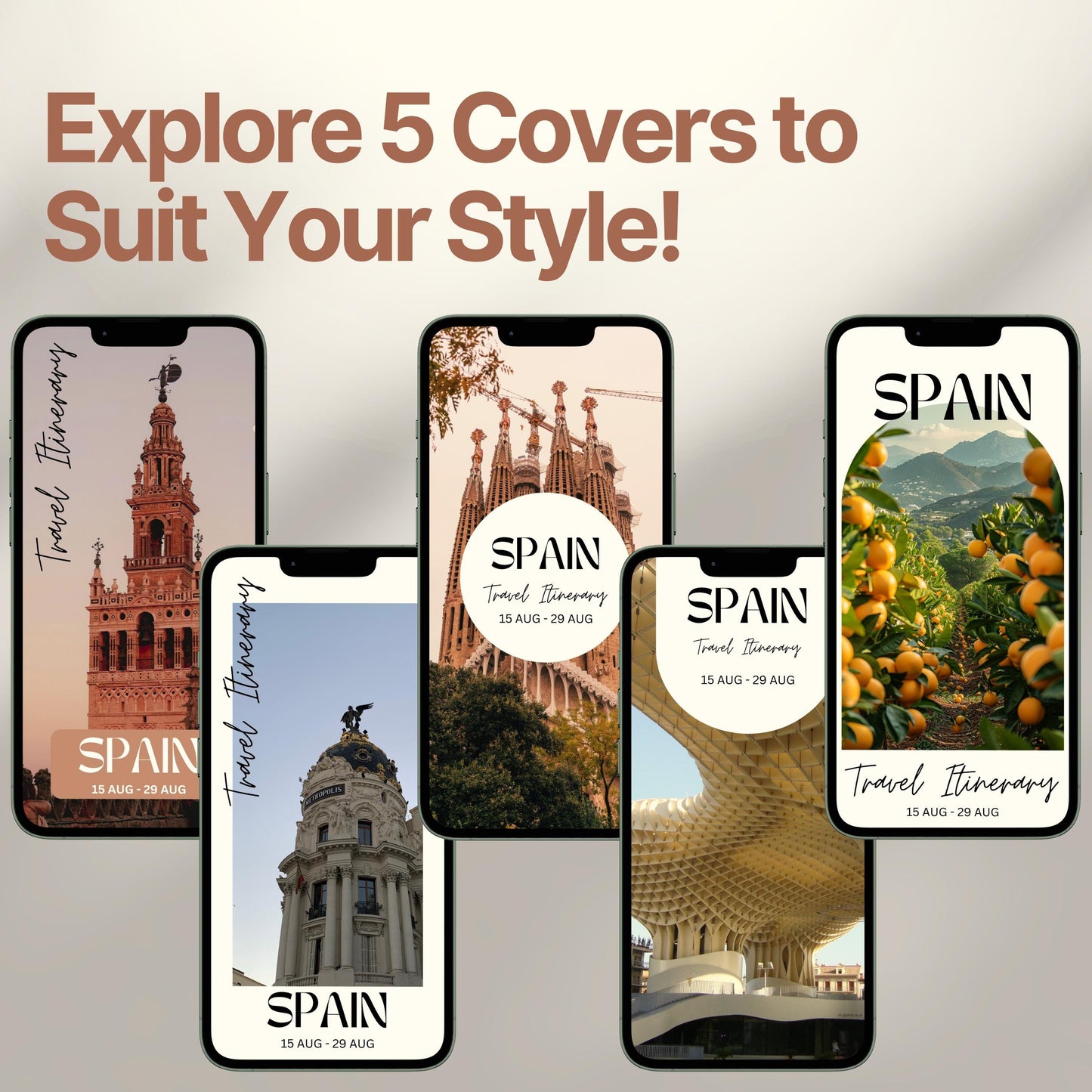 Five smartphone screens display different stylish cover designs. The headline above reads “Explore 5 Covers to Suit Your Style!” showcasing customization options for travelers.