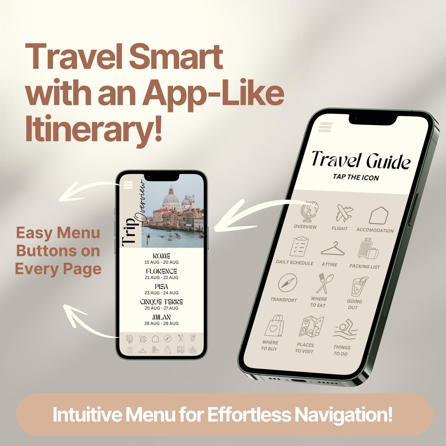 Two smartphones display a digital travel itinerary designed to look and function like an app. Bold text highlights features like "Easy Menu Buttons on Every Page" and "Intuitive Menu for Effortless Navigation!"