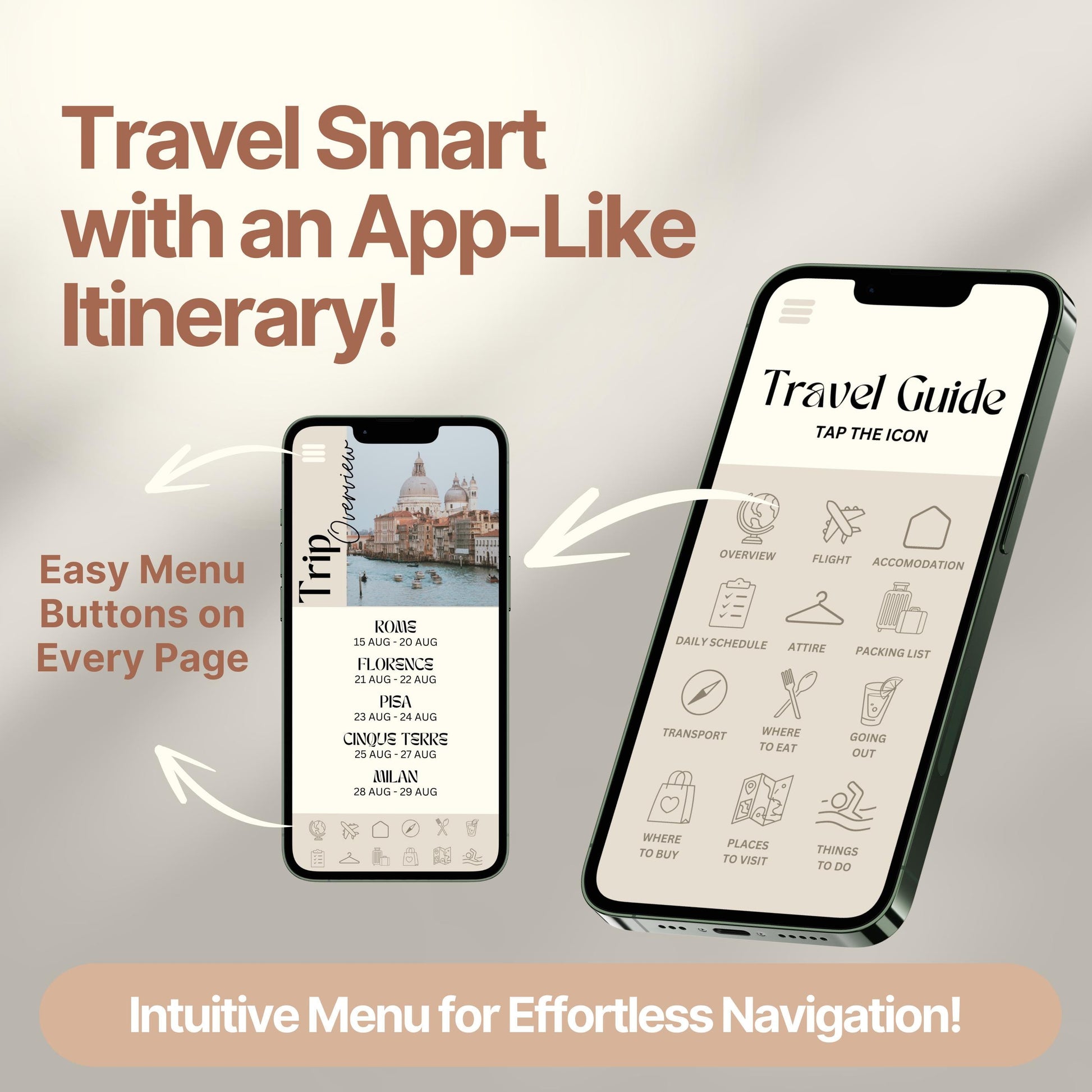 Two smartphones display a digital travel itinerary designed to look and function like an app. Bold text highlights features like "Easy Menu Buttons on Every Page" and "Intuitive Menu for Effortless Navigation!"