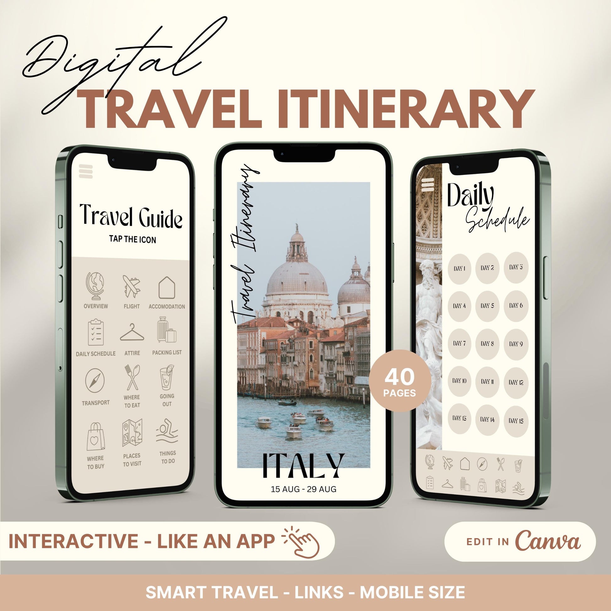 Digital travel itinerary displayed on three smartphones, featuring an interactive travel guide, daily schedule, and itinerary cover.