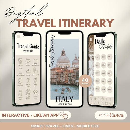 Digital travel itinerary displayed on three smartphones, featuring an interactive travel guide, daily schedule, and itinerary cover.