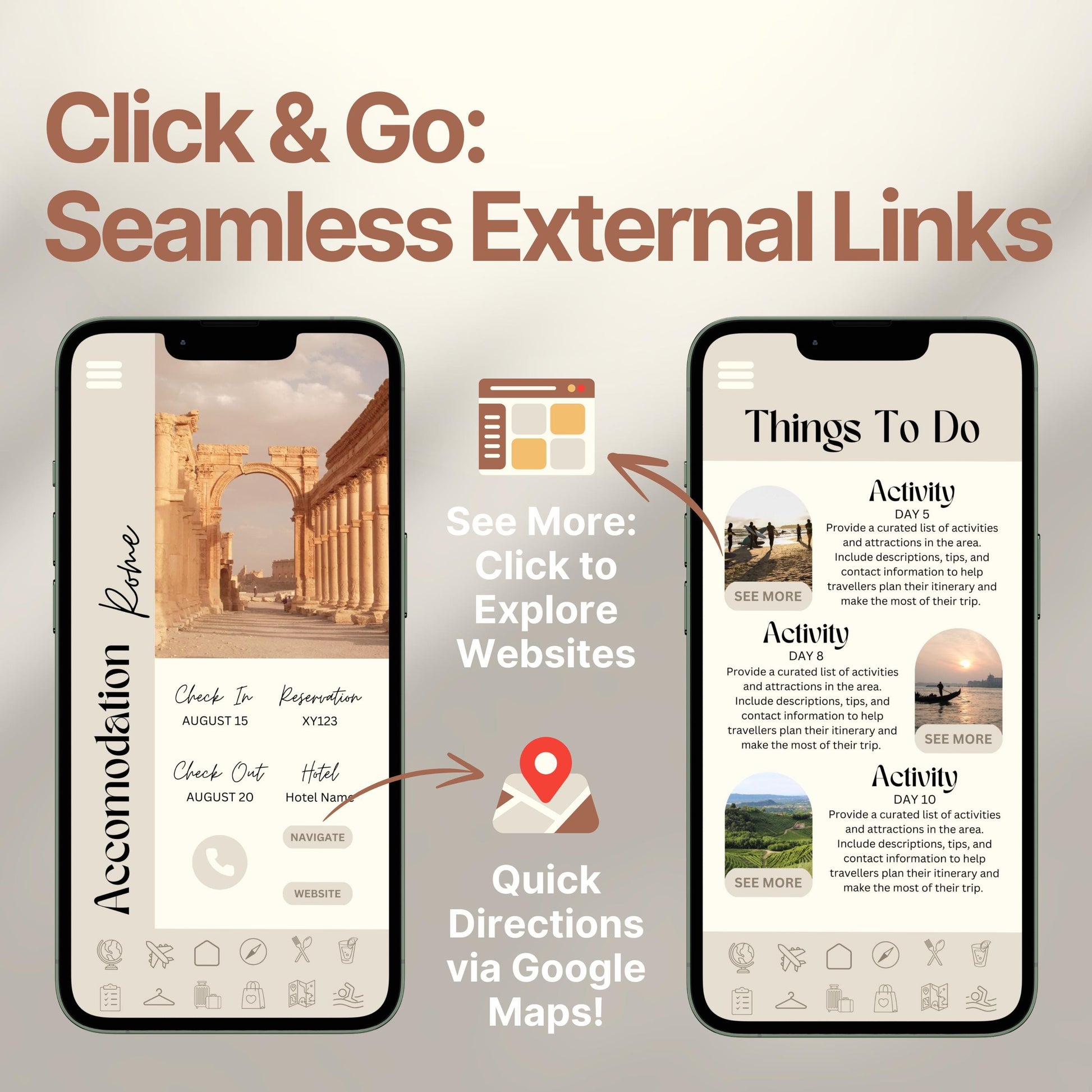 Two smartphones display an interactive digital travel guide interface. Text highlights features like “Quick Directions via Google Maps!” and “Click to Explore Websites,” emphasizing seamless external link integration for an app-like travel experience.