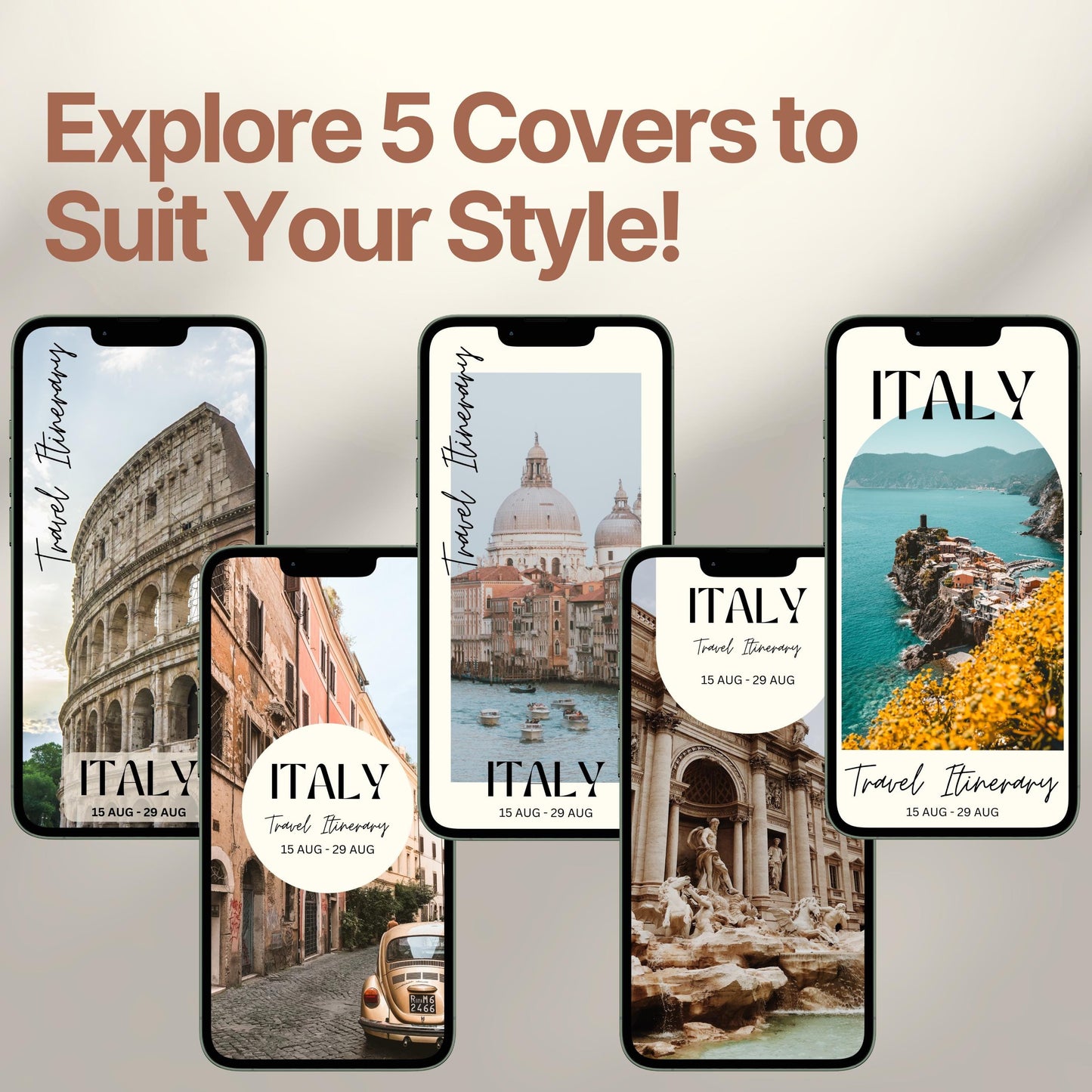 Five smartphone screens display different stylish cover designs. The headline above reads “Explore 5 Covers to Suit Your Style!” showcasing customization options for travelers.