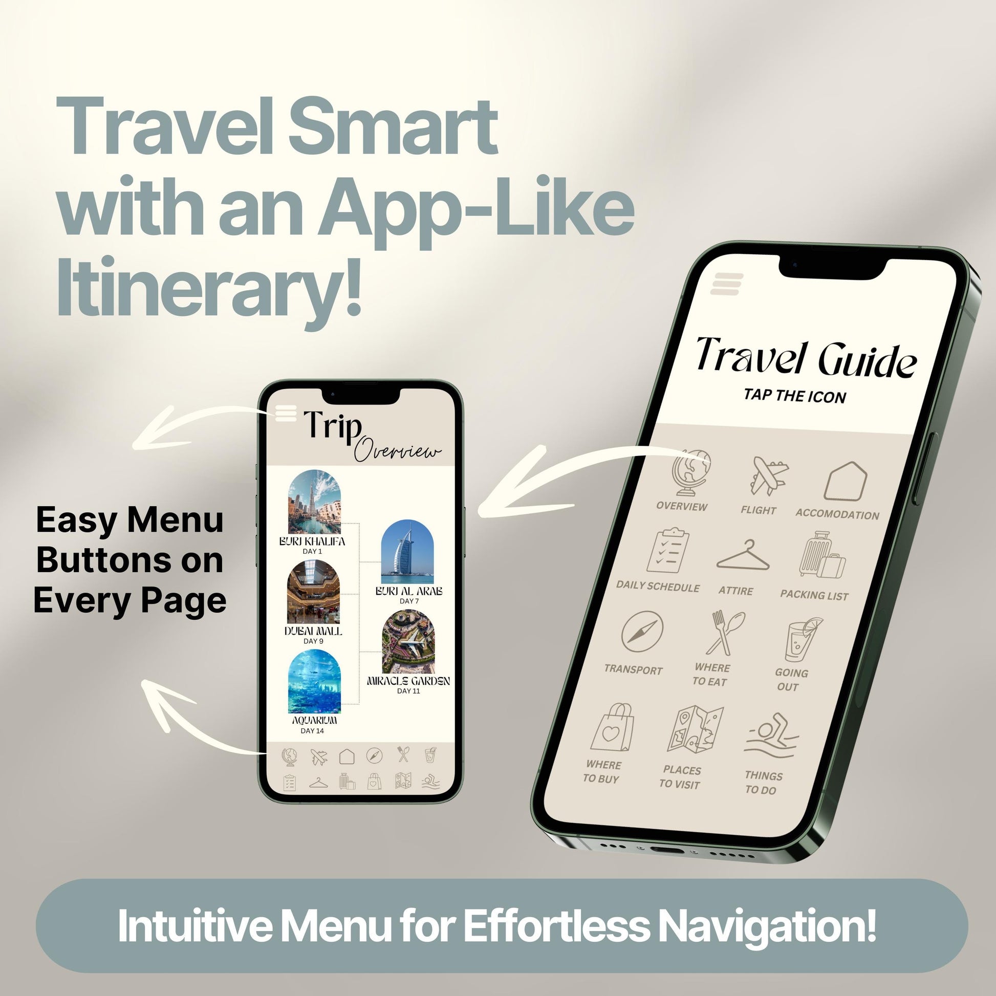 Two smartphones display a digital travel itinerary designed to look and function like an app. Bold text highlights features like "Easy Menu Buttons on Every Page" and "Intuitive Menu for Effortless Navigation!"