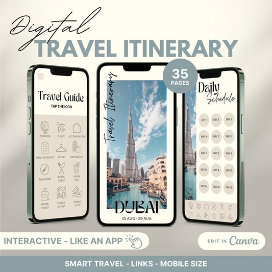 Digital travel itinerary displayed on three smartphones, featuring an interactive travel guide, daily schedule, and itinerary cover.