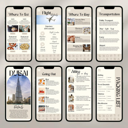 A collage of eight smartphone screens showcases a digital travel itinerary interface. Each screen displays different sections.