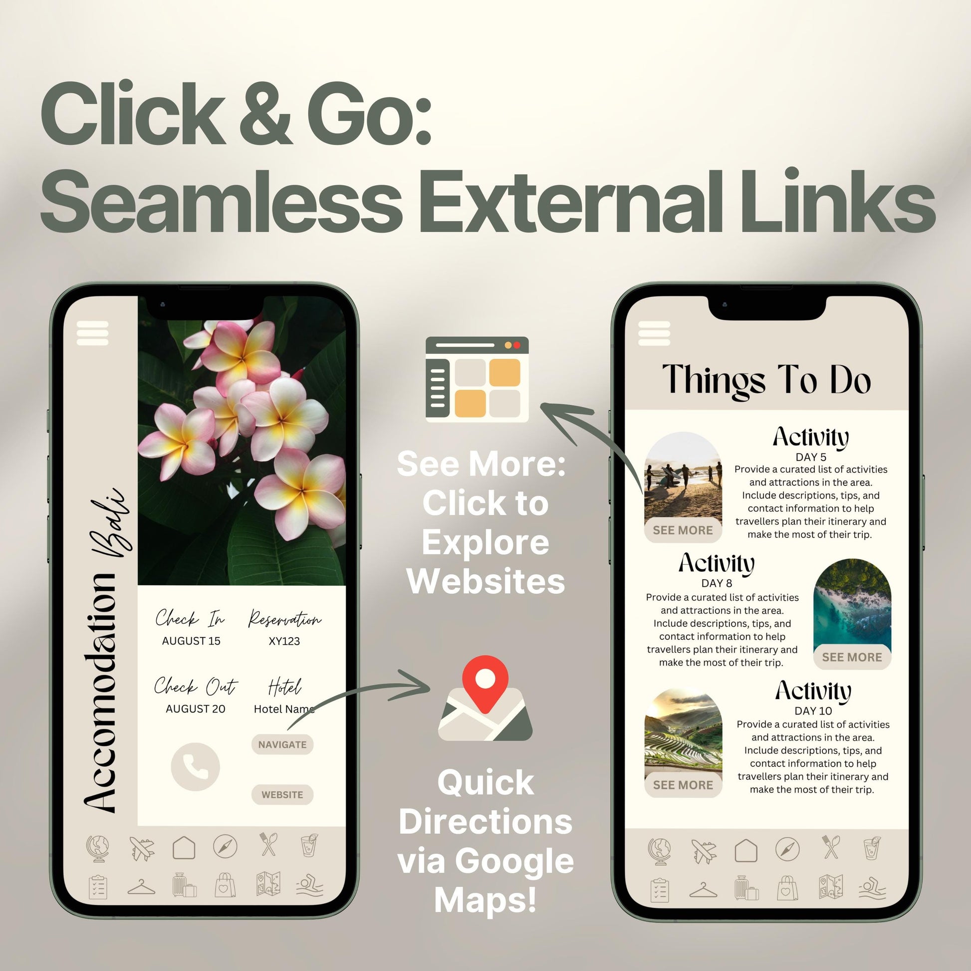 Two smartphones display an interactive digital travel guide interface. Text highlights features like “Quick Directions via Google Maps!” and “Click to Explore Websites,” emphasizing seamless external link integration for an app-like travel experience.