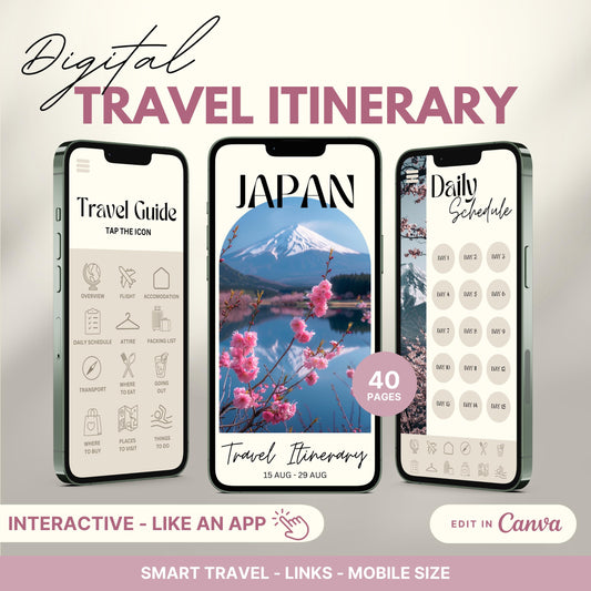 Digital travel itinerary displayed on three smartphones, featuring an interactive travel guide, daily schedule, and itinerary cover.
