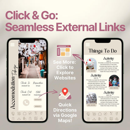 Two smartphones display an interactive digital travel guide interface. Text highlights features like “Quick Directions via Google Maps!” and “Click to Explore Websites,” emphasizing seamless external link integration for an app-like travel experience.