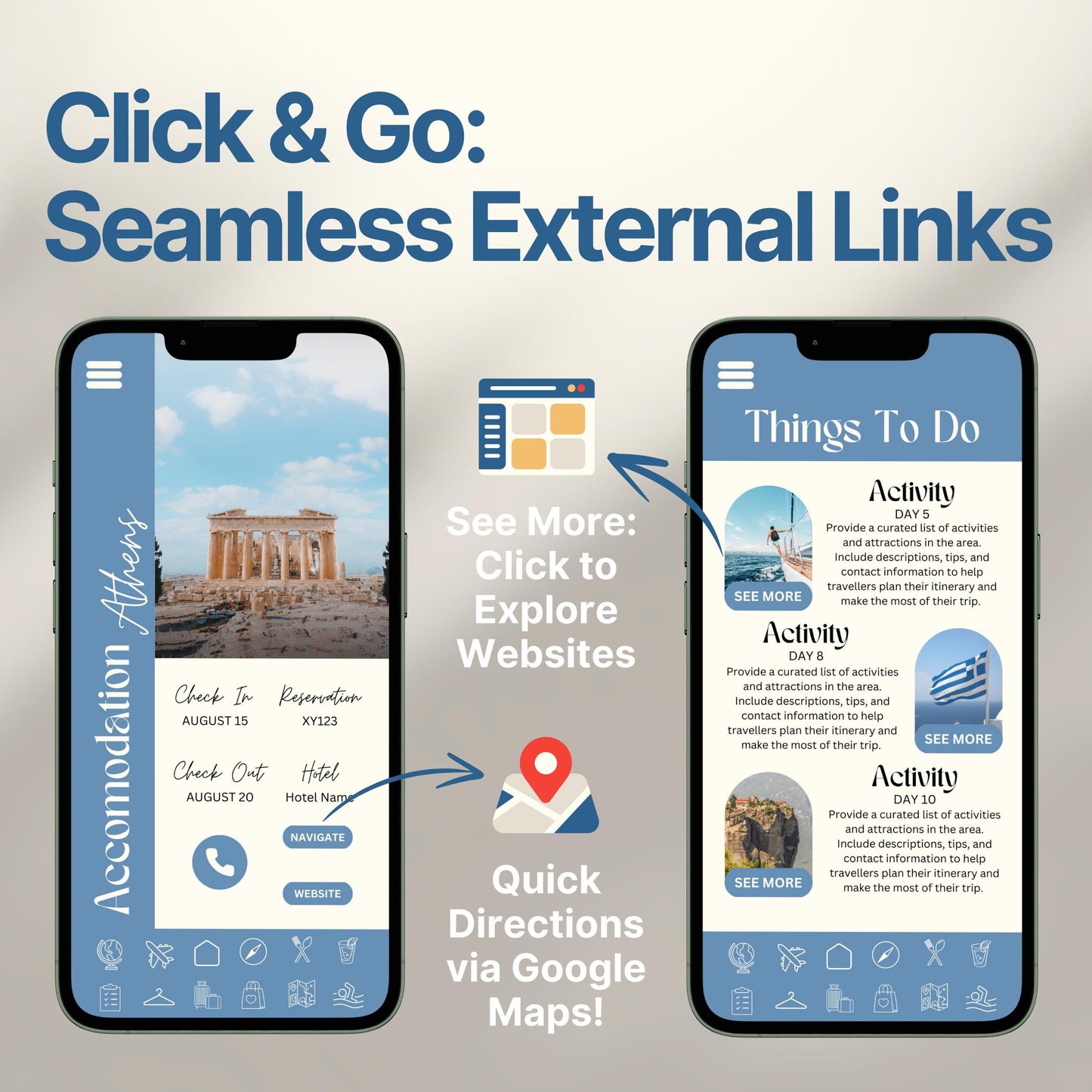 Two smartphones display an interactive digital travel guide interface. Text highlights features like “Quick Directions via Google Maps!” and “Click to Explore Websites,” emphasizing seamless external link integration for an app-like travel experience.