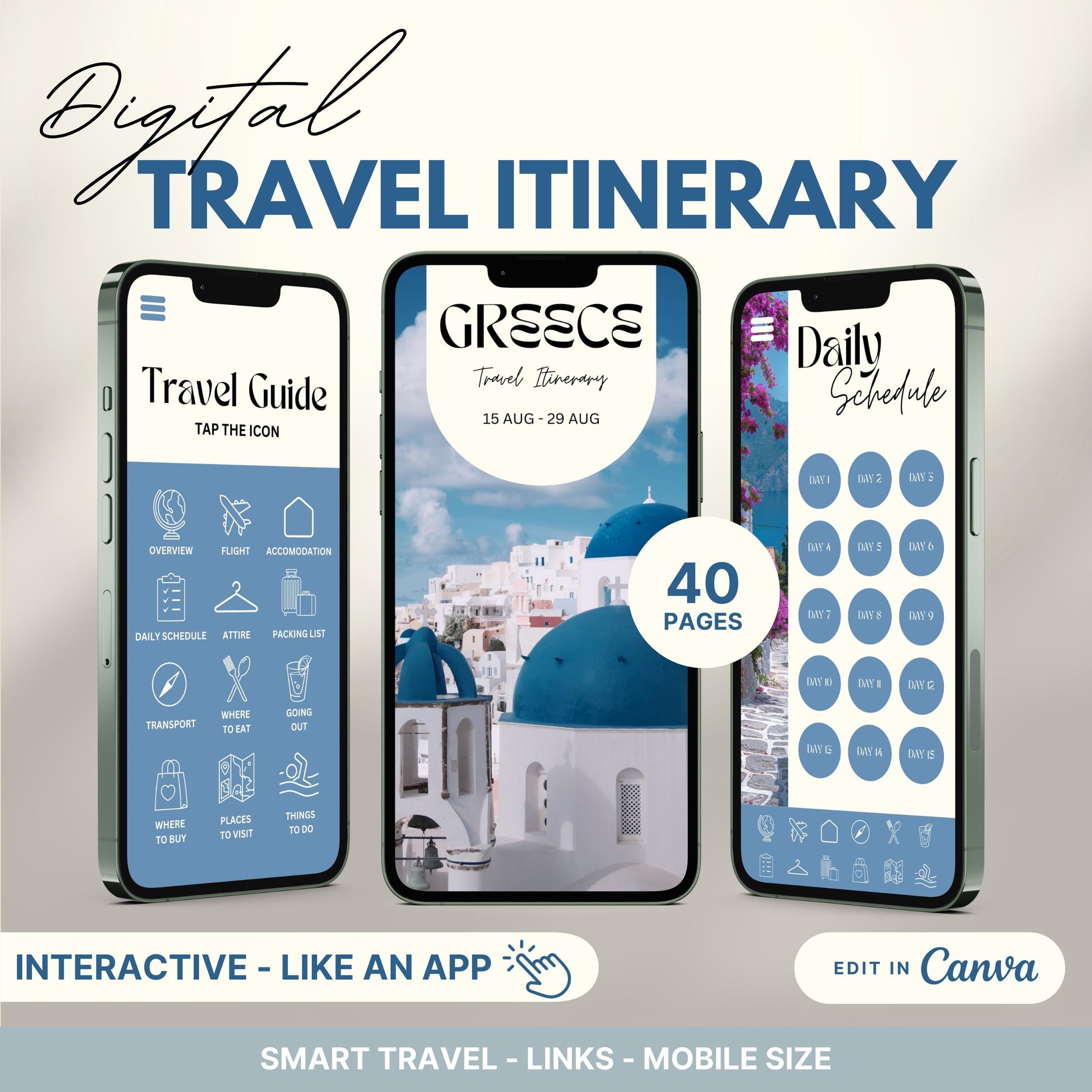 Digital travel itinerary displayed on three smartphones, featuring an interactive travel guide, daily schedule, and itinerary cover.