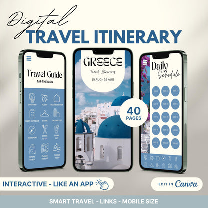 Digital travel itinerary displayed on three smartphones, featuring an interactive travel guide, daily schedule, and itinerary cover.