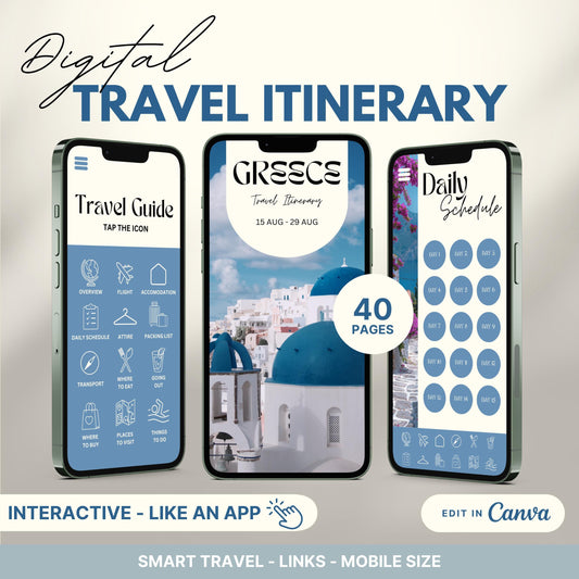 Digital travel itinerary displayed on three smartphones, featuring an interactive travel guide, daily schedule, and itinerary cover.