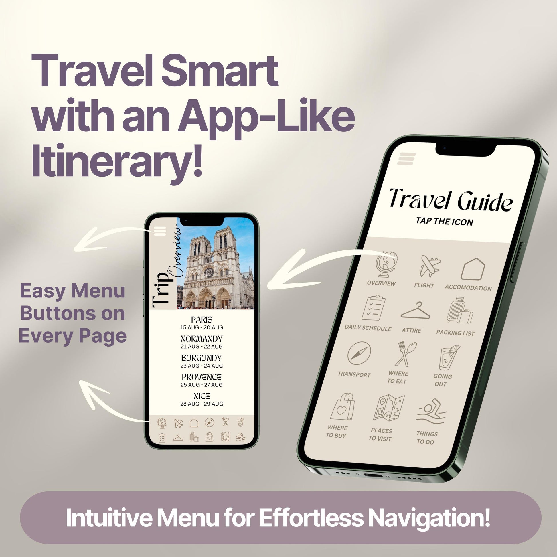 Two smartphones display a digital travel itinerary designed to look and function like an app. Bold text highlights features like "Easy Menu Buttons on Every Page" and "Intuitive Menu for Effortless Navigation!"