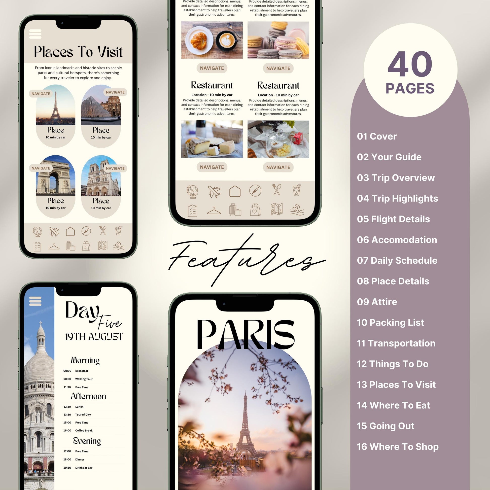 A promotional graphic for a 40-page digital travel itinerary, displayed on mobile phones. The screens show beautifully designed pages including “Places to Visit,” restaurant recommendations with images, a detailed daily schedule,