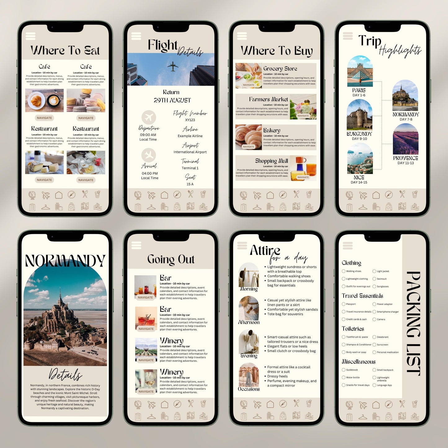 A collage of eight smartphone screens showcases a digital travel itinerary interface. Each screen displays different sections.