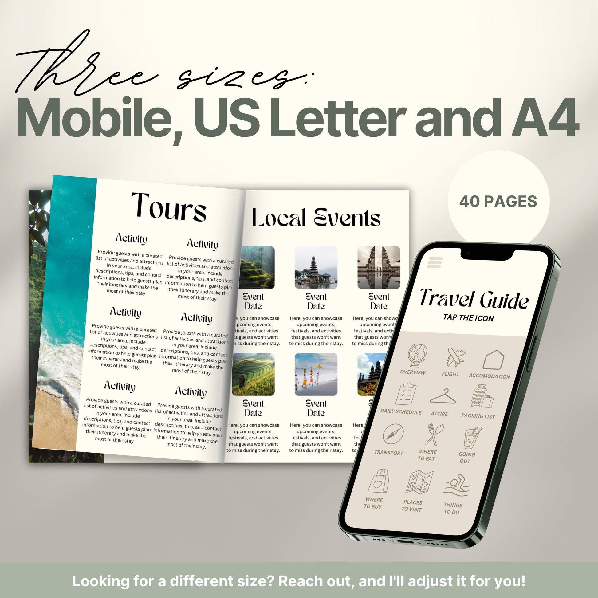 A promotional image for a travel itinerary template available in three sizes: Mobile, US Letter, and A4. 