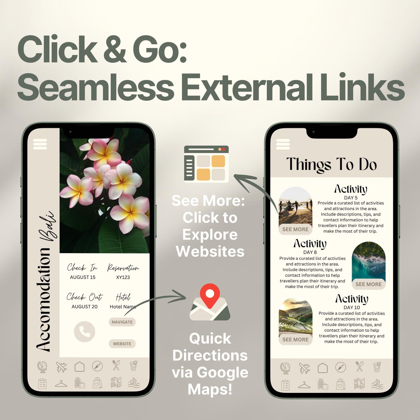 Two smartphones display an interactive digital travel guide interface. Text highlights features like “Quick Directions via Google Maps!” and “Click to Explore Websites,” emphasizing seamless external link integration for an app-like travel experience.