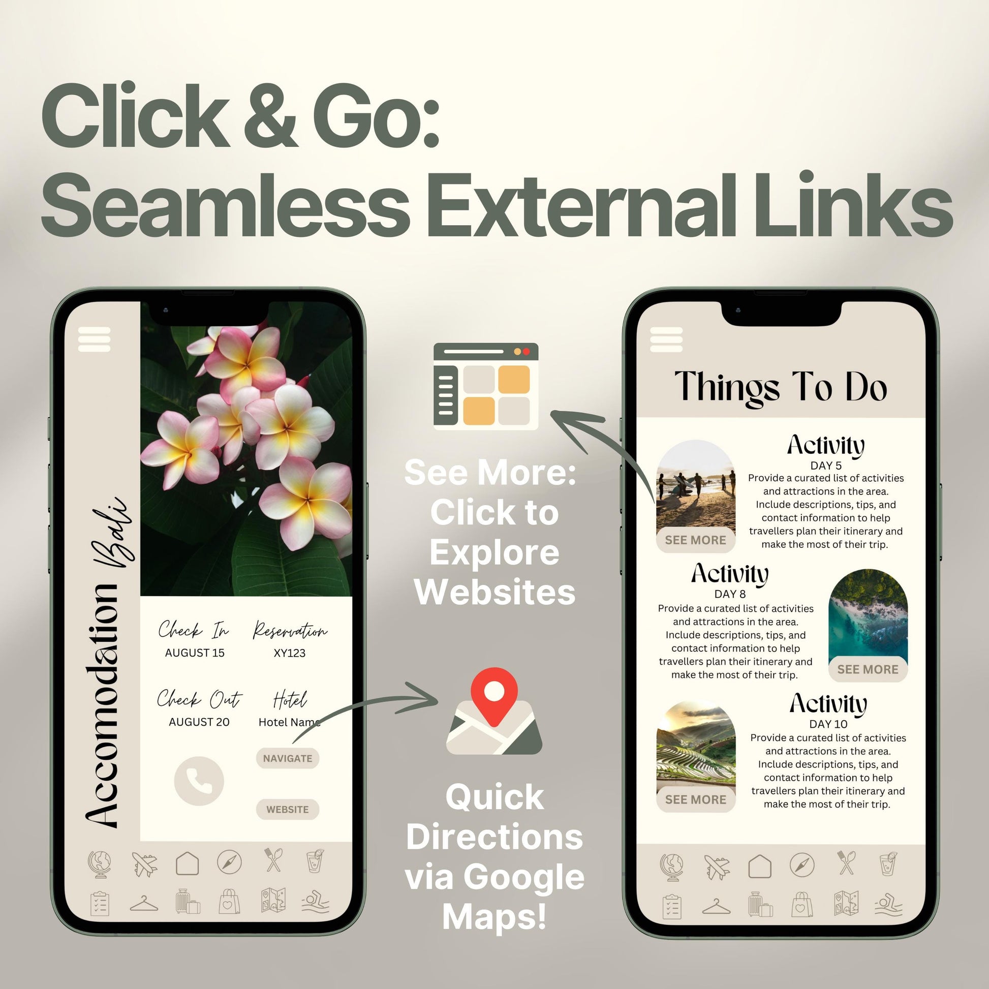 Two smartphones display an interactive digital travel guide interface. Text highlights features like “Quick Directions via Google Maps!” and “Click to Explore Websites,” emphasizing seamless external link integration for an app-like travel experience.